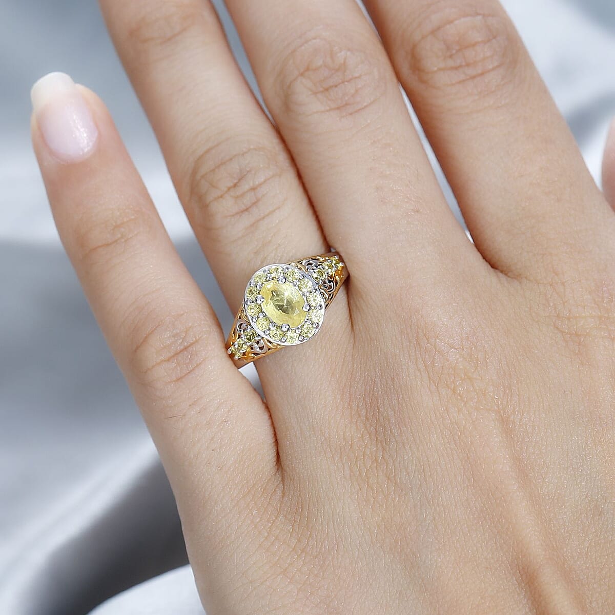 Madagascar Yellow Sapphire Halo Ring in Vermeil YG and Platinum Over Sterling Silver (Size 9.0) 1.70 ctw image number 2