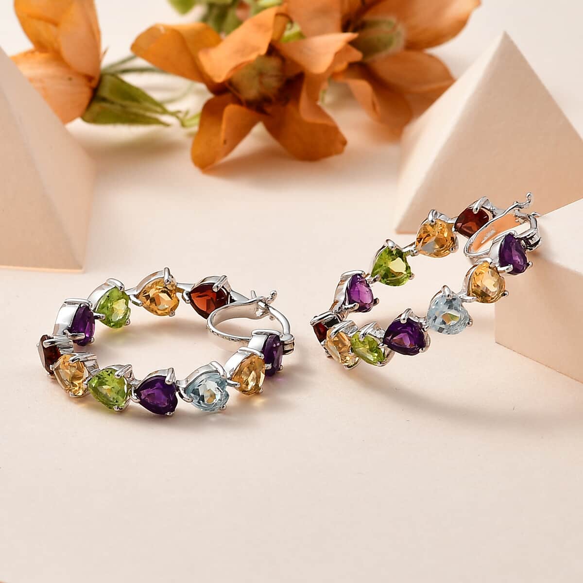 Multi Gemstone Inside Out Hoop Earrings in Platinum Over Sterling Silver 10.60 ctw image number 1