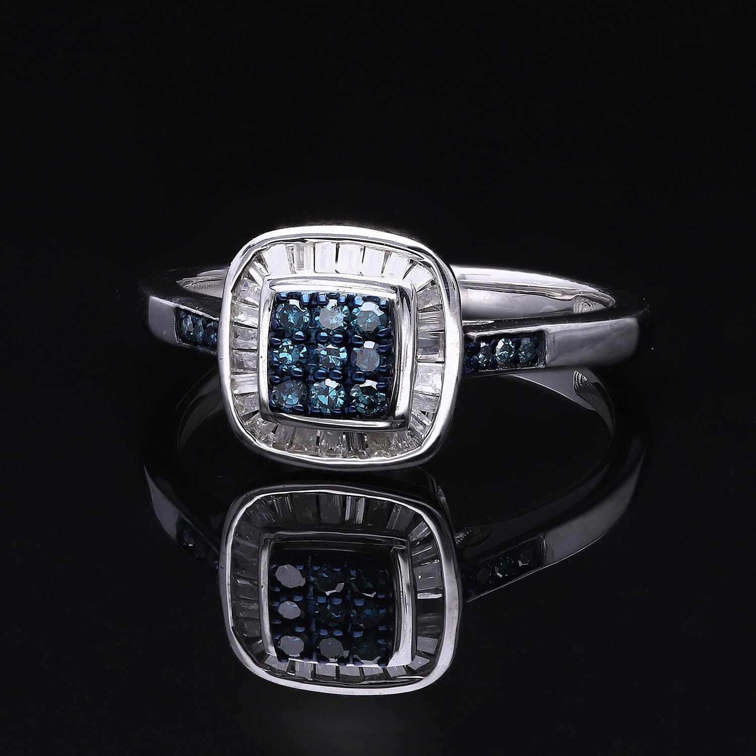 Venice Blue Diamond I1-I2 and White Diamond Ring in Platinum Over Sterling Silver (Size 7.0) 0.25 ctw