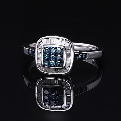 Venice Blue Diamond I1-I2 and White Diamond Ring in Platinum Over Sterling Silver (Size 7.0) 0.25 ctw