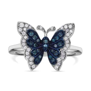 Venice Blue Diamond I1-I2 and White Diamond Butterfly Ring in Platinum Over Sterling Silver (Size 10.0) 0.33 ctw