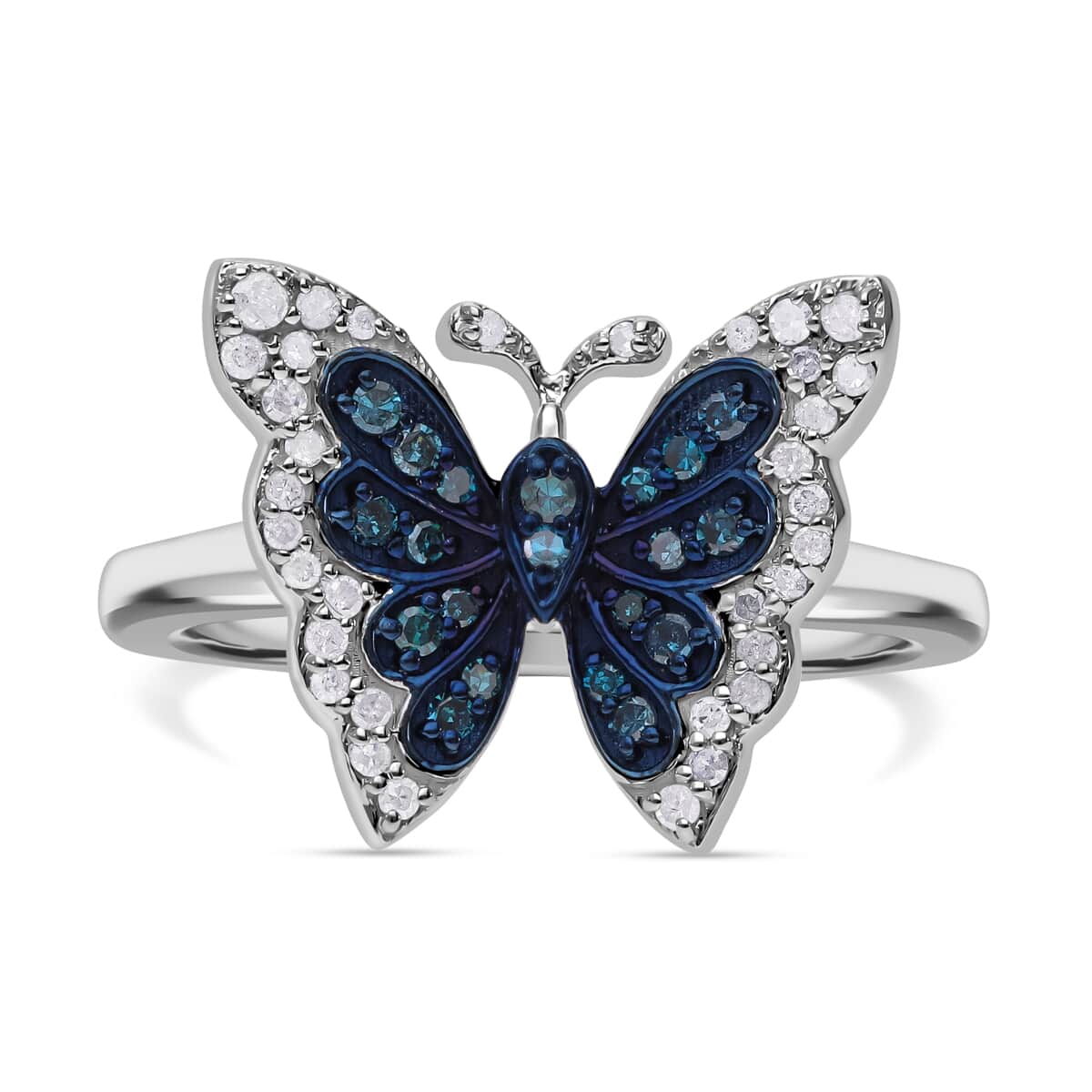 Venice Blue Diamond I1-I2 and White Diamond Butterfly Ring in Platinum Over Sterling Silver (Size 10.0) 0.33 ctw image number 0