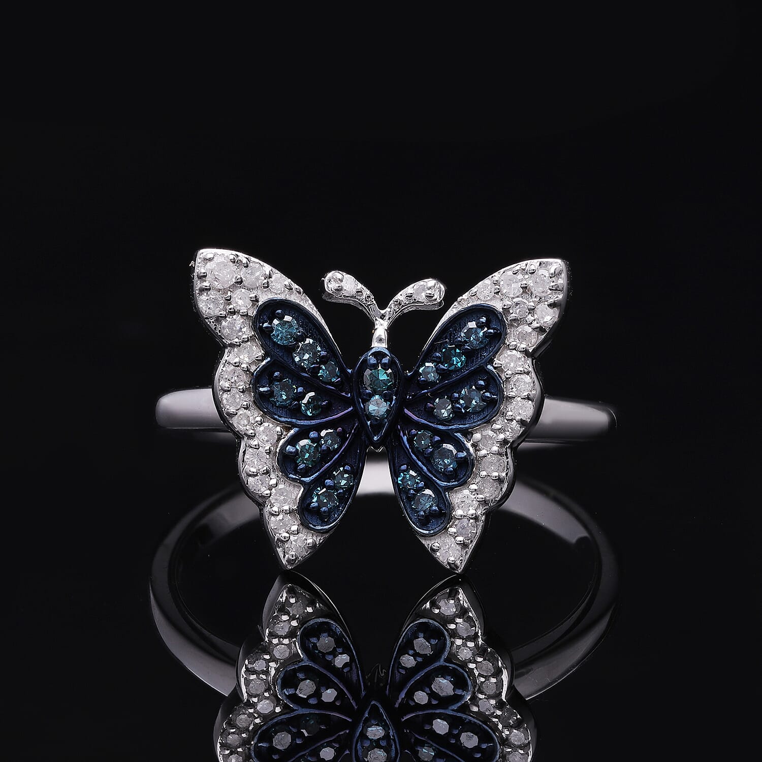 Venice Blue Diamond I1-I2 and White Diamond Butterfly Ring in Platinum Over Sterling Silver (Size 10.0) 0.33 ctw