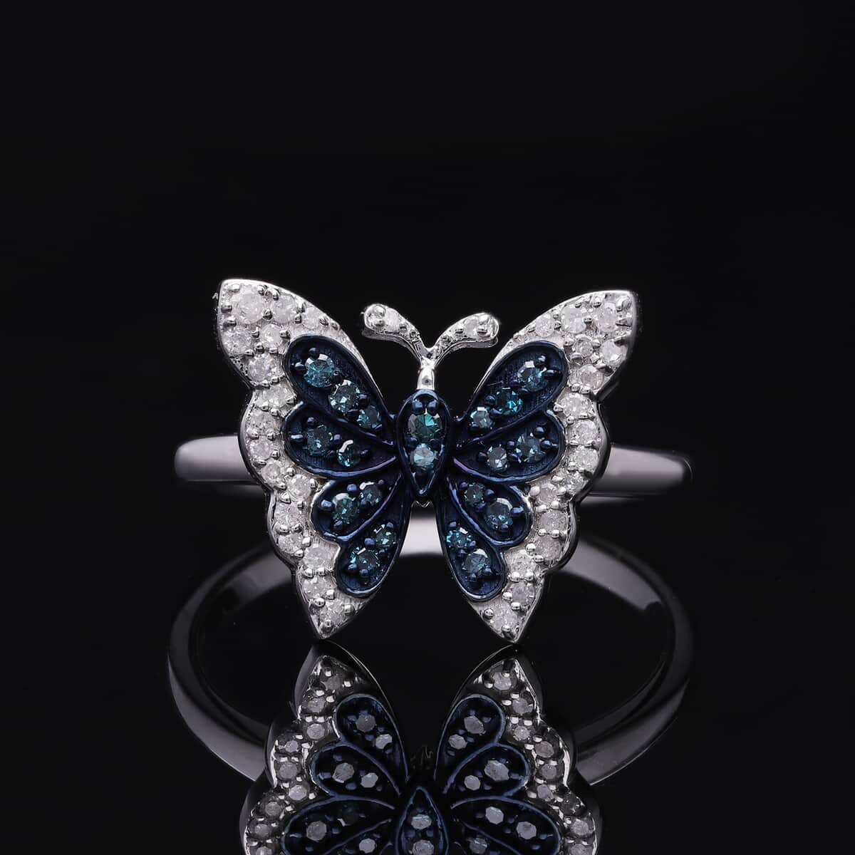 Venice Blue Diamond I1-I2 and White Diamond Butterfly Ring in Platinum Over Sterling Silver (Size 10.0) 0.33 ctw image number 1