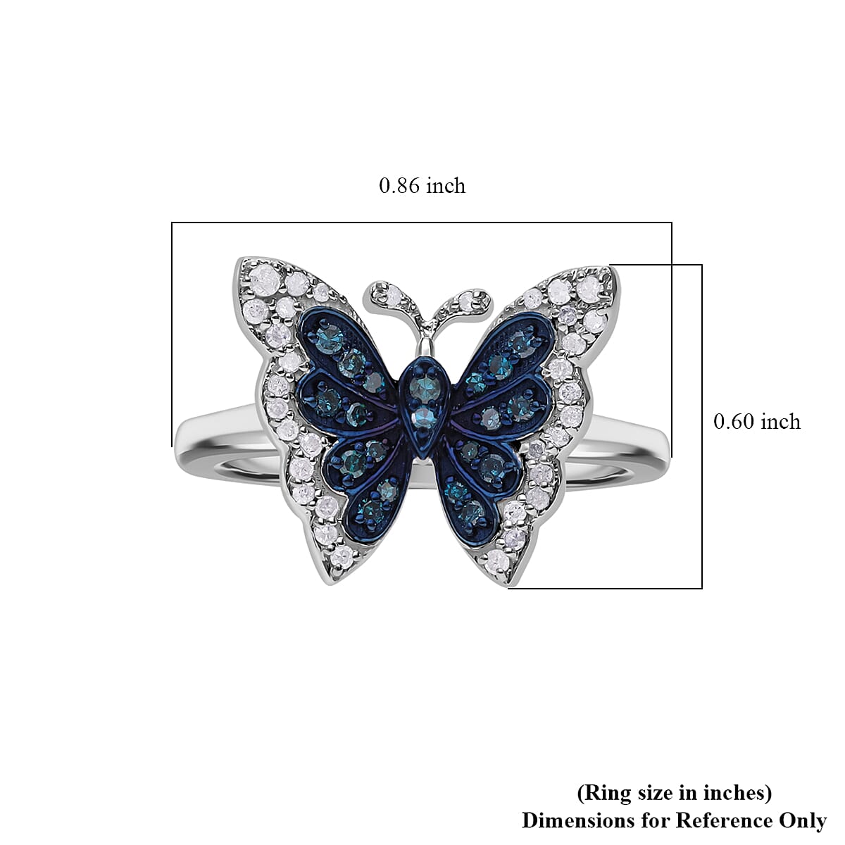 Venice Blue Diamond I1-I2 and White Diamond Butterfly Ring in Platinum Over Sterling Silver (Size 10.0) 0.33 ctw