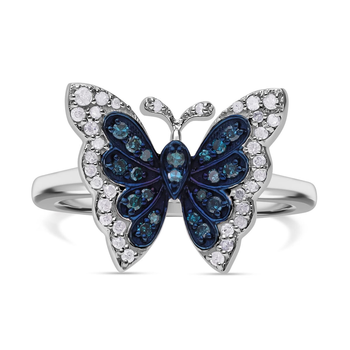 Venice Blue Diamond I1-I2 and White Diamond Butterfly Ring in Platinum Over Sterling Silver (Size 6.0) 0.33 ctw image number 0