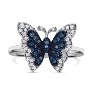 Venice Blue Diamond I1-I2 and White Diamond Butterfly Ring in Platinum Over Sterling Silver (Size 6.0) 0.33 ctw