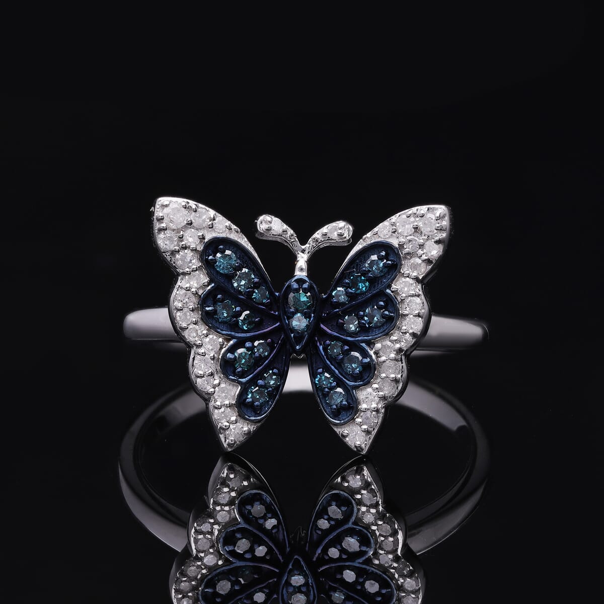 Venice Blue Diamond I1-I2 and White Diamond Butterfly Ring in Platinum Over Sterling Silver (Size 6.0) 0.33 ctw image number 1