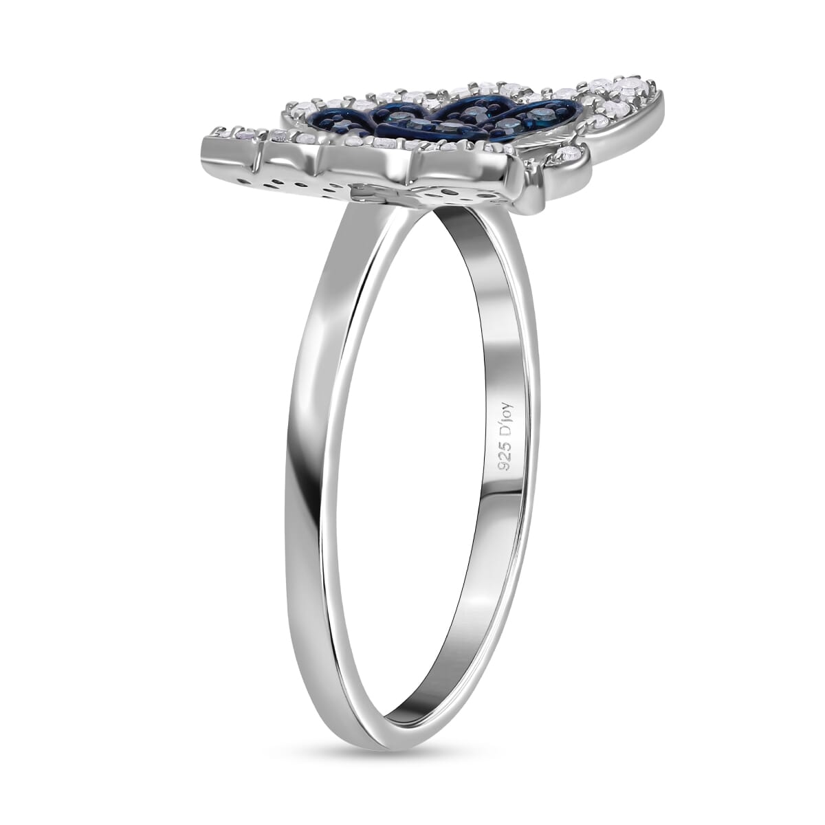 Venice Blue Diamond I1-I2 and White Diamond Butterfly Ring in Platinum Over Sterling Silver (Size 6.0) 0.33 ctw image number 3