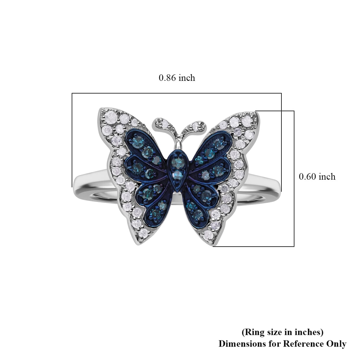Venice Blue Diamond I1-I2 and White Diamond Butterfly Ring in Platinum Over Sterling Silver (Size 6.0) 0.33 ctw image number 5