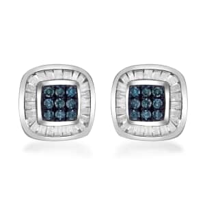 Venice Blue Diamond I1-I2 and White Diamond Stud Earrings in Platinum Over Sterling Silver 0.33 ctw