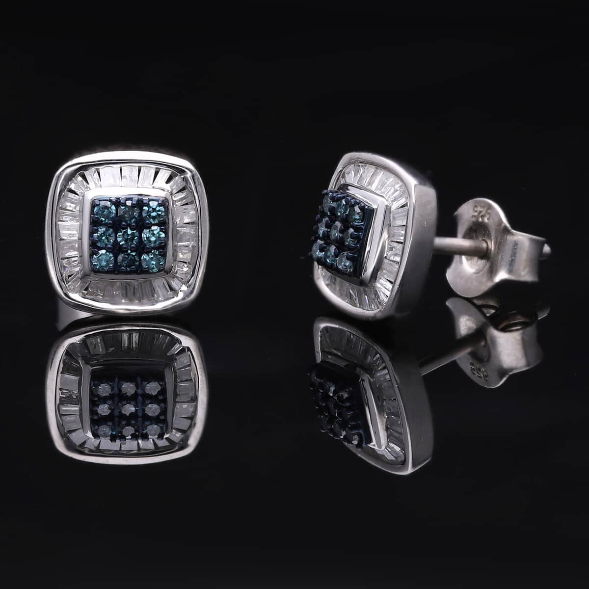 Venice Blue Diamond I1-I2 and White Diamond Stud Earrings in Platinum Over Sterling Silver 0.33 ctw image number 1