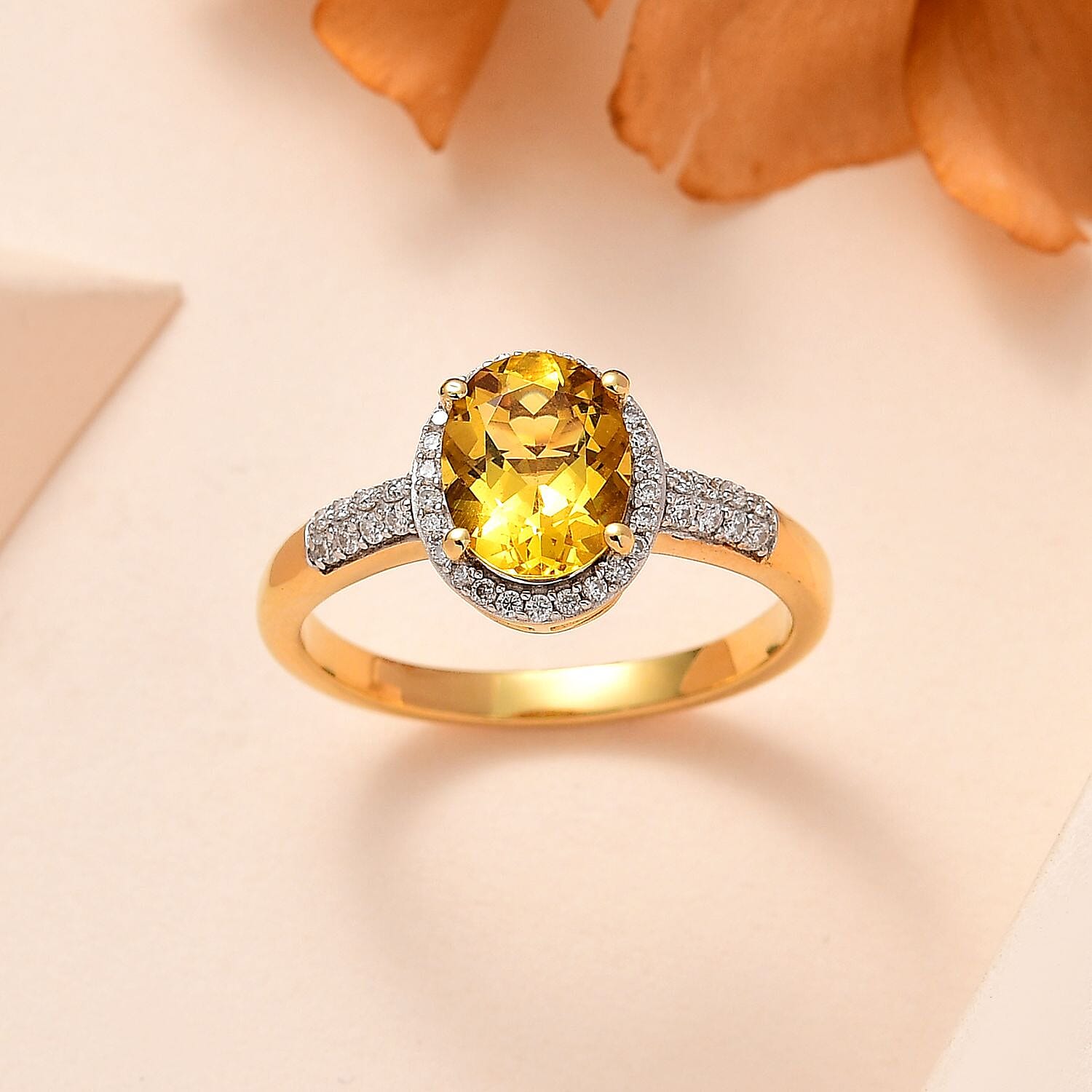 Brazilian Heliodor and Moissanite Halo Ring in Vermeil Yellow Gold Over Sterling Silver (Size 10.0) 2.00 ctw