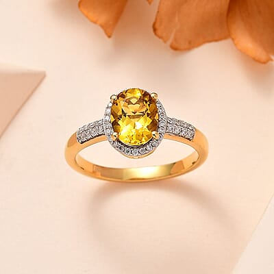 Brazilian Heliodor and Moissanite Halo Ring in Vermeil Yellow Gold Over Sterling Silver (Size 10.0) 2.00 ctw