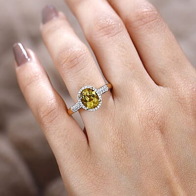 Brazilian Heliodor and Moissanite Halo Ring in Vermeil Yellow Gold Over Sterling Silver (Size 10.0) 2.00 ctw