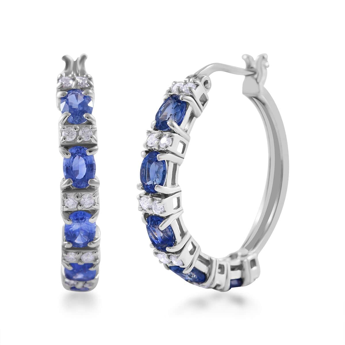 Ceylon Blue Sapphire and Moissanite Hoop Earrings in Platinum Over Sterling Silver 3.65 ctw image number 0