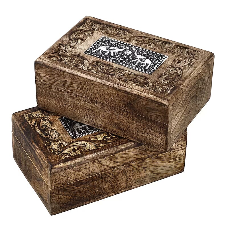 Set of 2 Handcrafted Elephant Teak Wooden Hand Carved Jewellery Box with Ring Slot