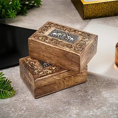 Set of 2 Handcrafted Elephant Teak Wooden Hand Carved Jewellery Box with Ring Slot