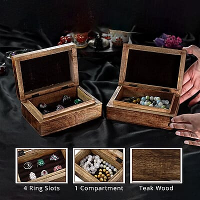 Set of 2 Handcrafted Elephant Teak Wooden Hand Carved Jewellery Box with Ring Slot