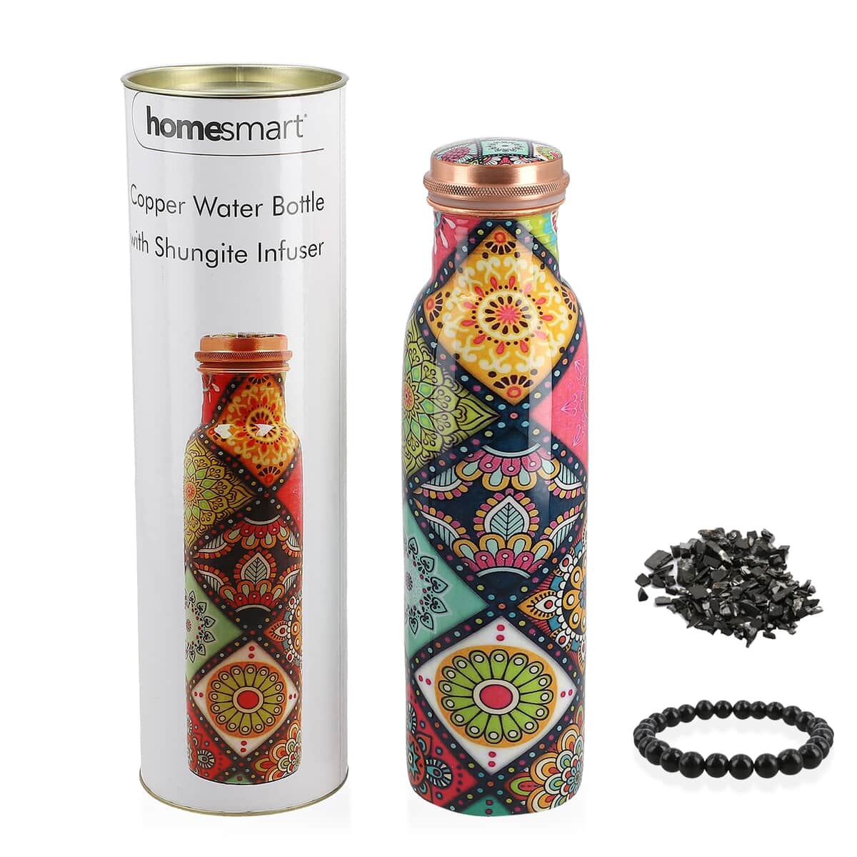 Homesmart Mandala Printed Copper Bottle (32oz) with Shungite Infuser and Shungite Beaded Stretch Bracelet image number 0