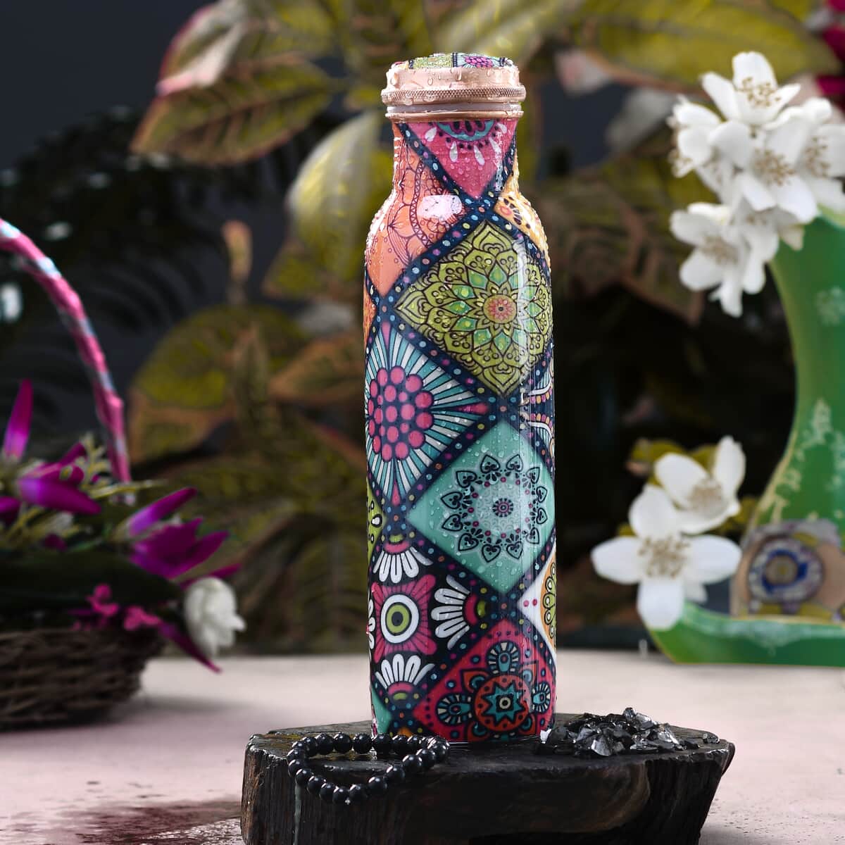 Homesmart Mandala Printed Copper Bottle (32oz) with Shungite Infuser and Shungite Beaded Stretch Bracelet image number 1