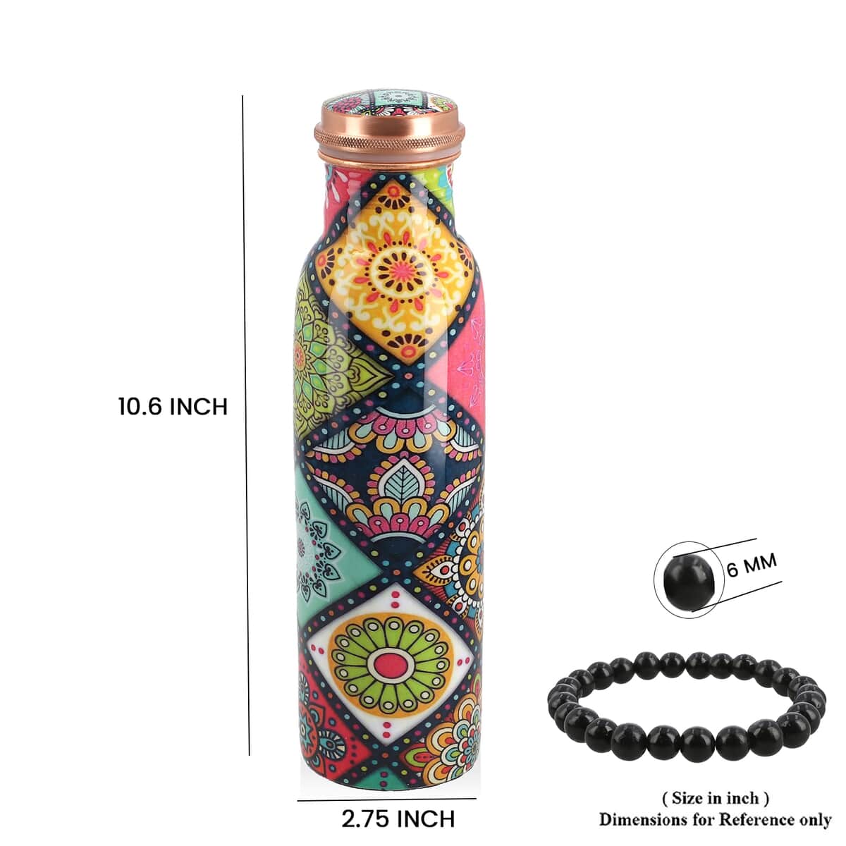 Homesmart Mandala Printed Copper Bottle (32oz) with Shungite Infuser and Shungite Beaded Stretch Bracelet image number 6