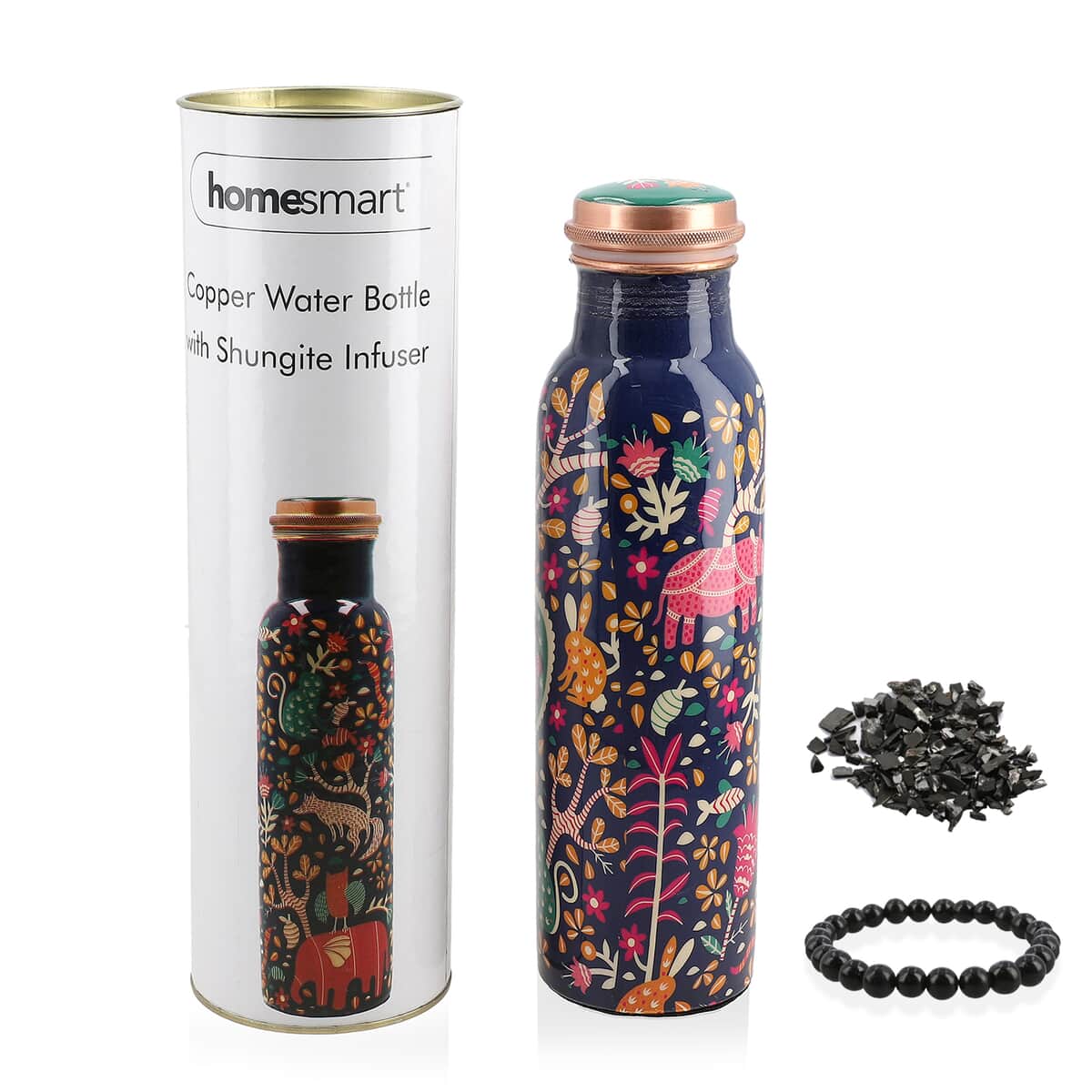 Homesmart Animal Printed Copper Bottle (32oz) with Shungite Infuser and Shungite Beaded Stretch Bracelet image number 0