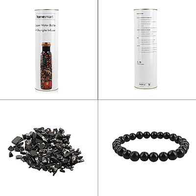 Homesmart Animal Printed Copper Bottle (32oz) with Shungite Infuser and Shungite Beaded Stretch Bracelet