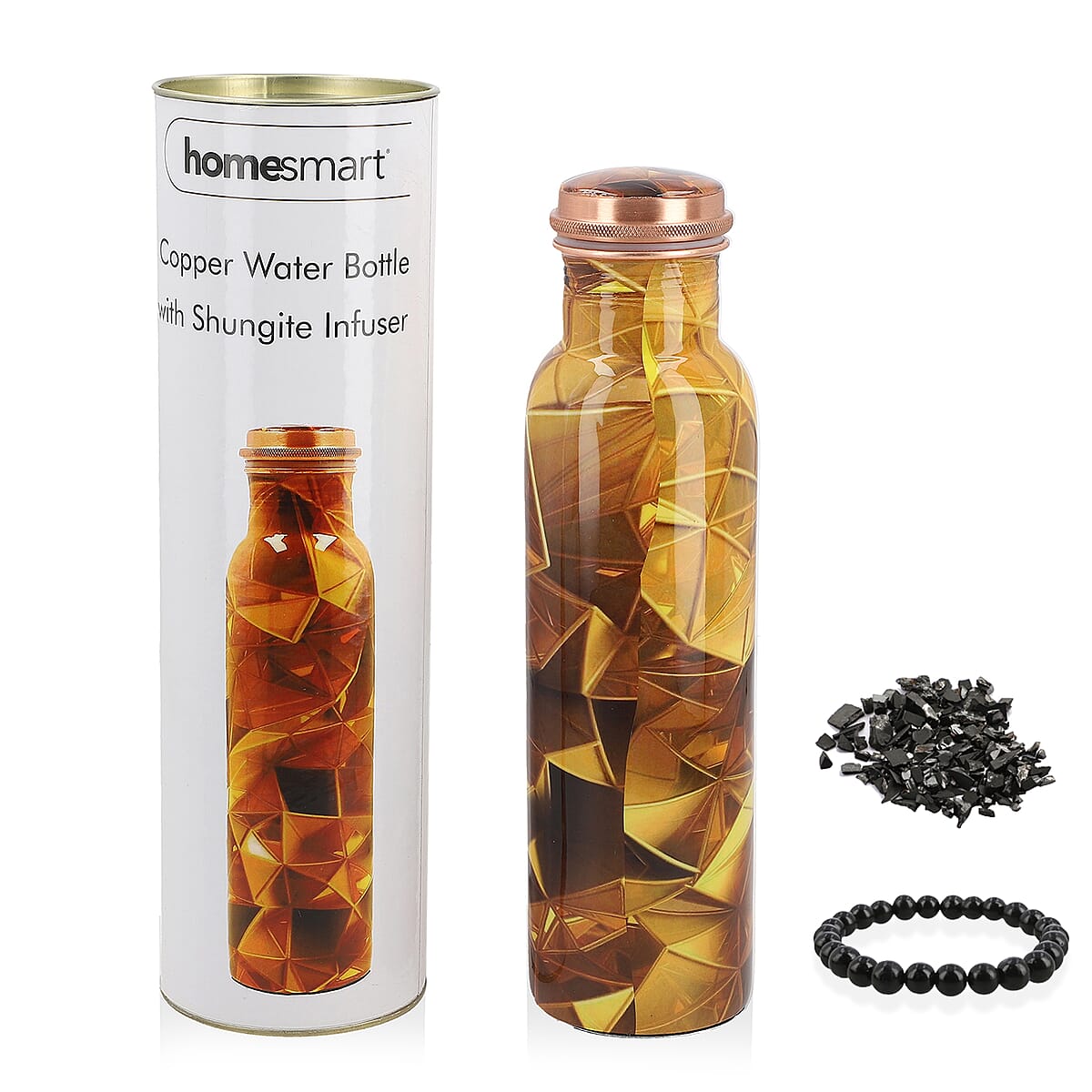 Homesmart Printed Copper Bottle (32oz) with Shungite Infuser and Shungite Beaded Stretch Bracelet image number 0