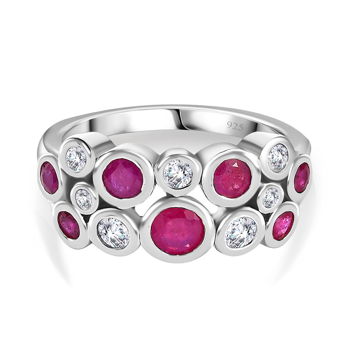 African Ruby and Moissanite 1.59 ctw Ring in Rhodium Over Sterling Silver (Size 11.5)