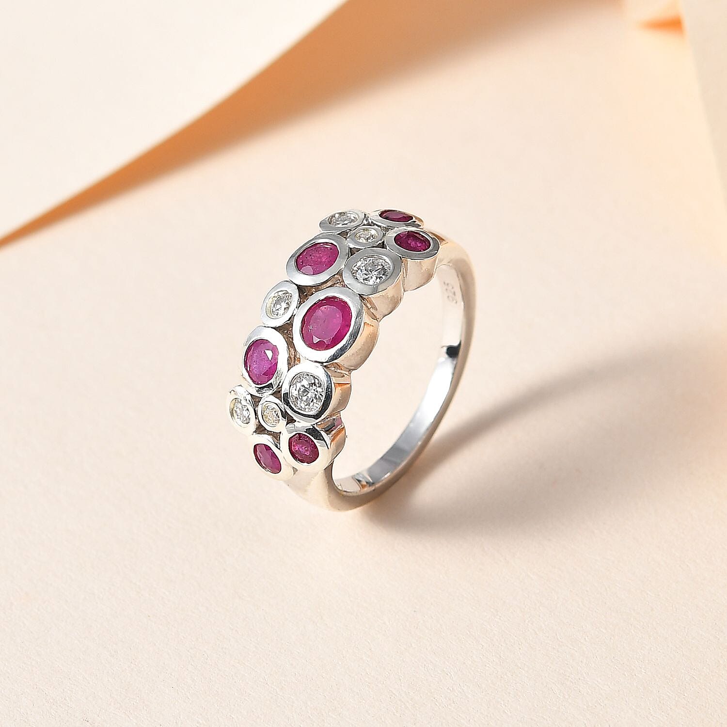 African Ruby and Moissanite 1.59 ctw Ring in Rhodium Over Sterling Silver (Size 11.5)