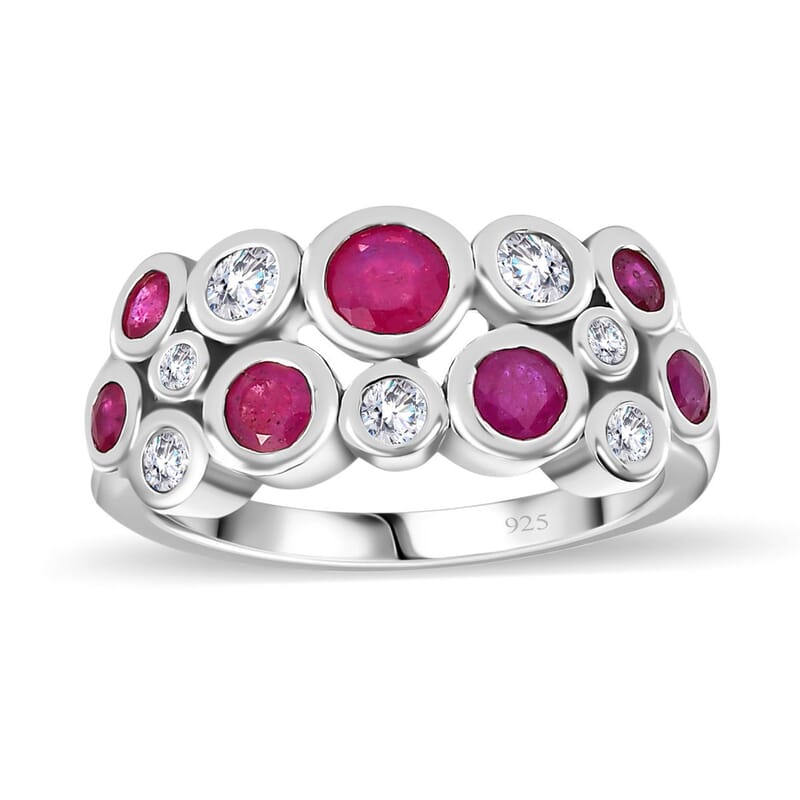 African Ruby and Moissanite 1.59 ctw Ring in Rhodium Over Sterling Silver (Size 11.5)
