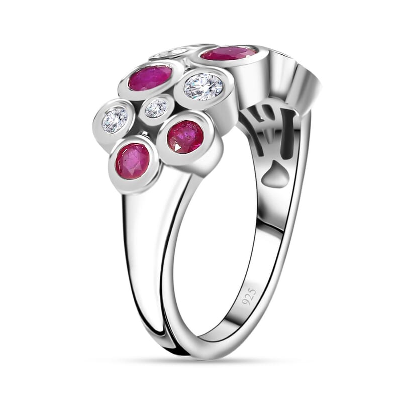 African Ruby and Moissanite 1.59 ctw Ring in Rhodium Over Sterling Silver (Size 11.5)
