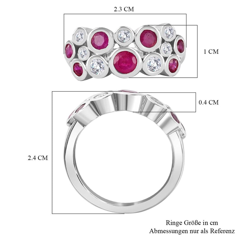 African Ruby and Moissanite 1.59 ctw Ring in Rhodium Over Sterling Silver (Size 11.5)