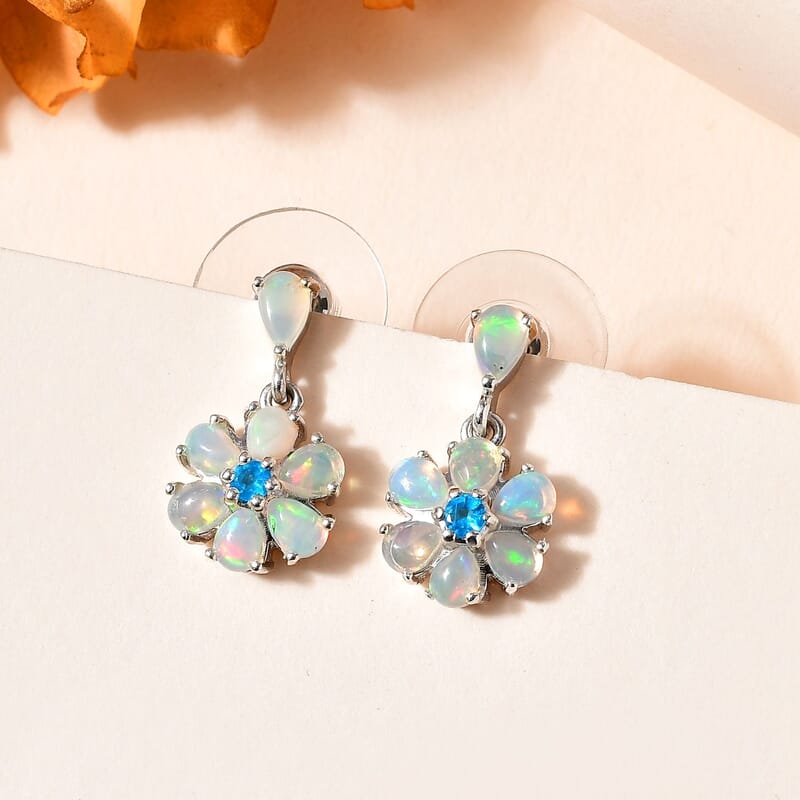 Ethiopian Welo Opal and Malgache Neon Apatite Floral Earrings