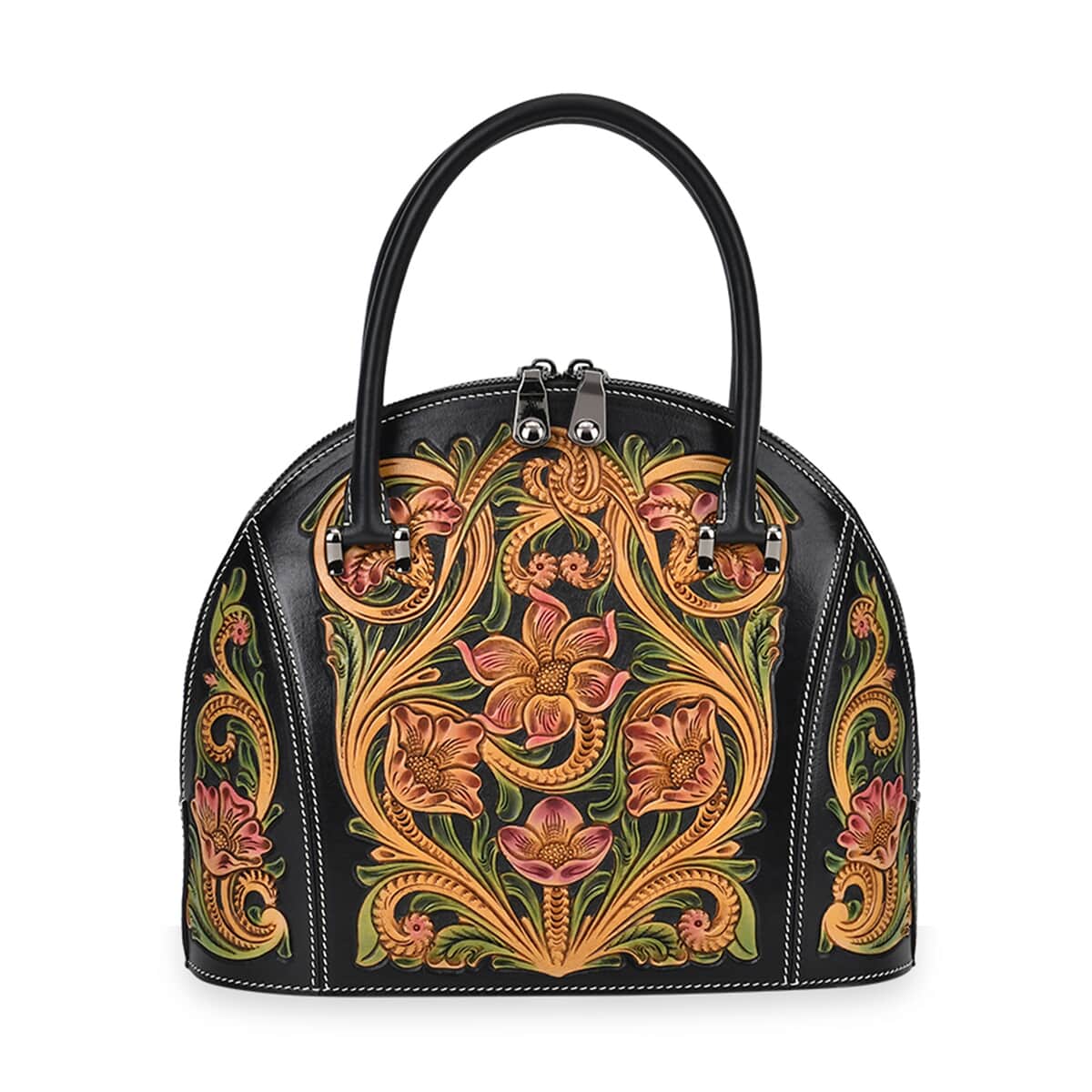 Grand Pelle Black with Multicolor Hand Engraving Flower Genuine Leather Hand Bag with Handle Drop 6.3 image number 0