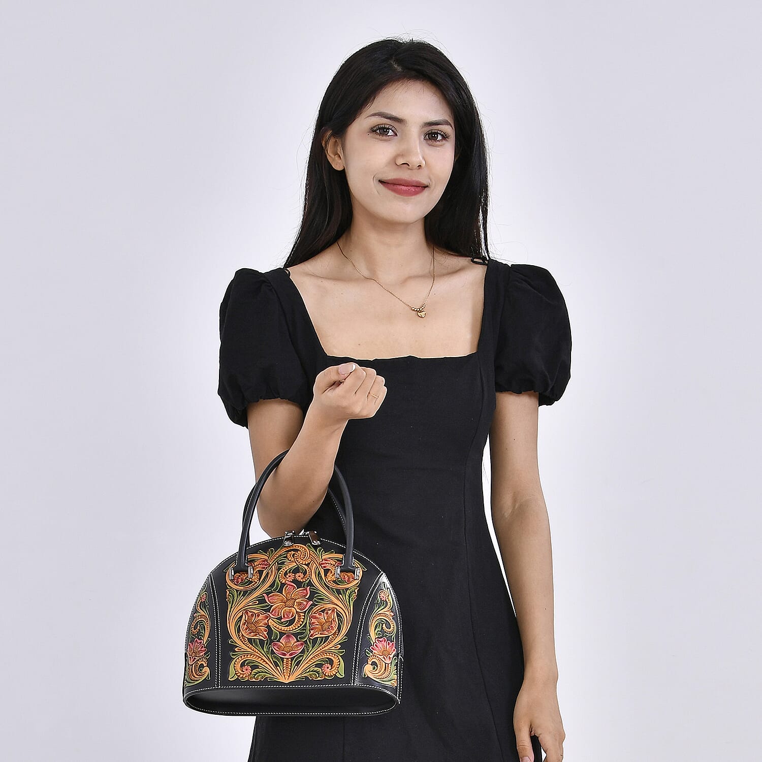 Grand Pelle Black with Multicolor Hand Engraving Flower Genuine Leather Hand Bag with Handle Drop 6.3