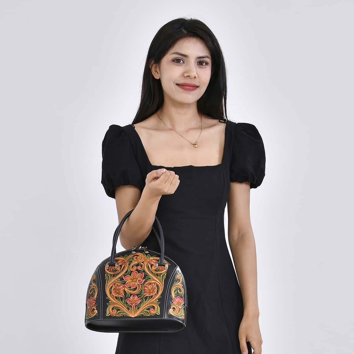 Grand Pelle Black with Multicolor Hand Engraving Flower Genuine Leather Hand Bag with Handle Drop 6.3 image number 1