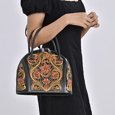 Grand Pelle Black with Multicolor Hand Engraving Flower Genuine Leather Hand Bag with Handle Drop 6.3