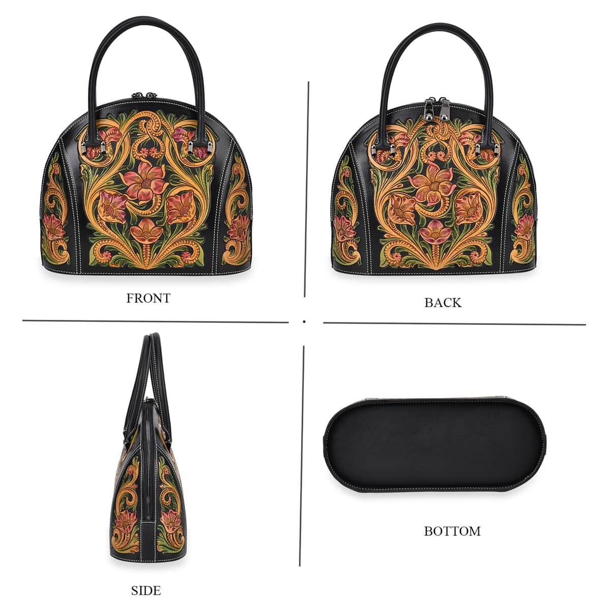 Grand Pelle Black with Multicolor Hand Engraving Flower Genuine Leather Hand Bag with Handle Drop 6.3 image number 3