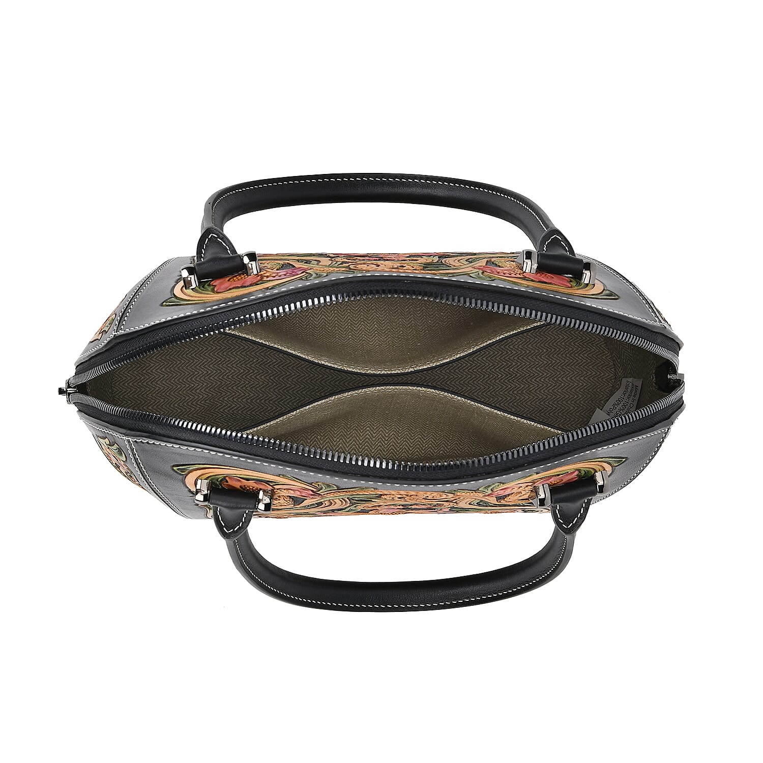 Grand Pelle Black with Multicolor Hand Engraving Flower Genuine Leather Hand Bag with Handle Drop 6.3