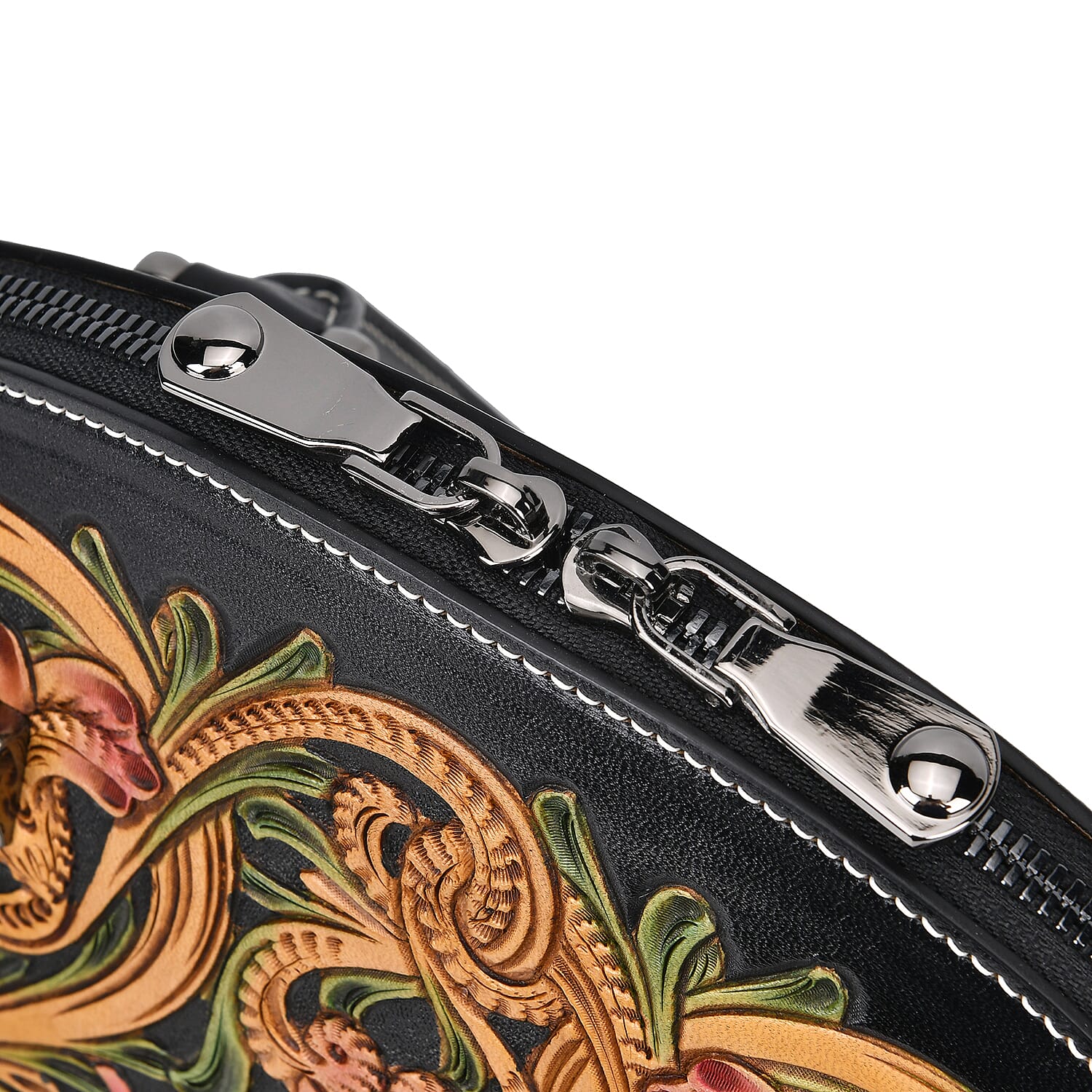 Grand Pelle Black with Multicolor Hand Engraving Flower Genuine Leather Hand Bag with Handle Drop 6.3