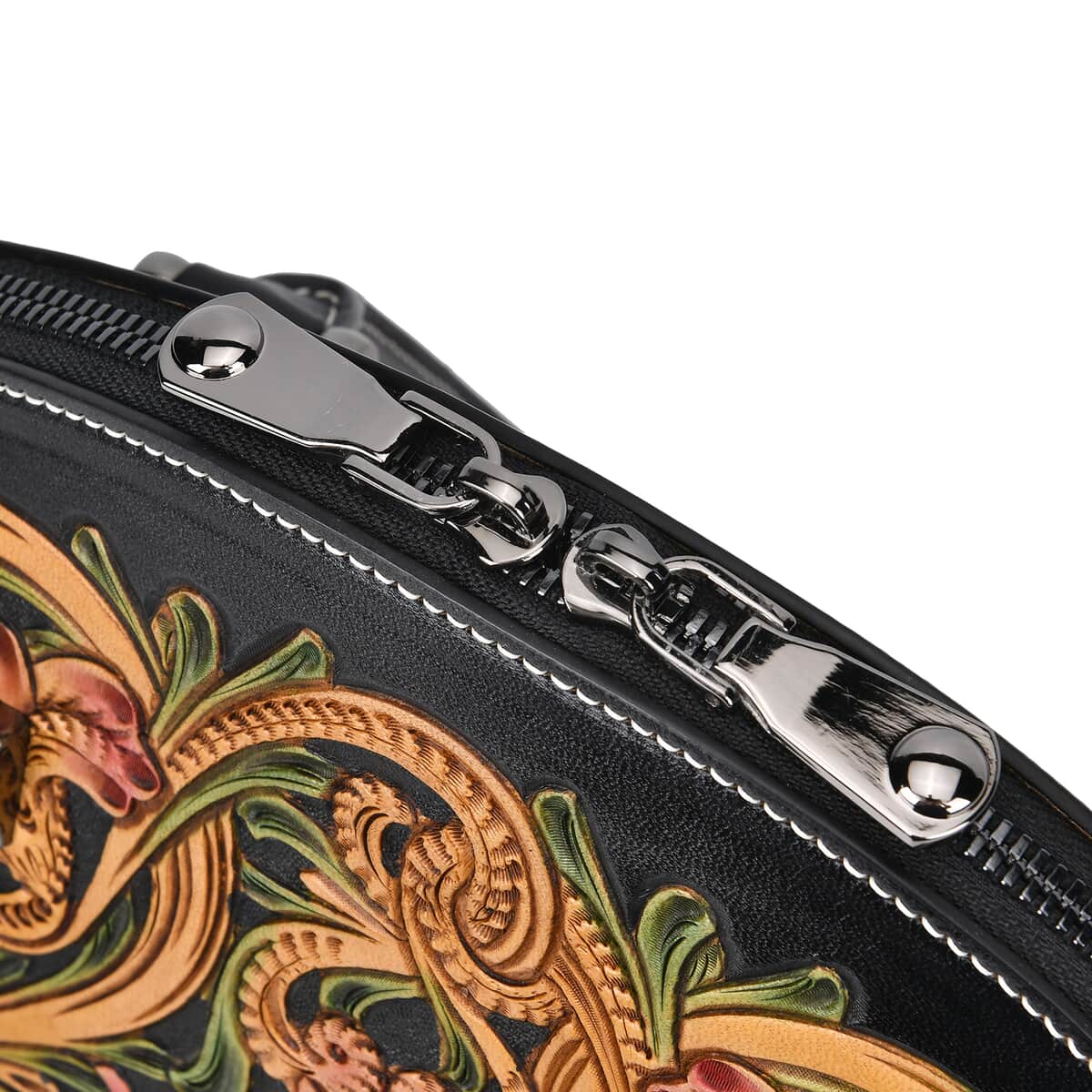 Grand Pelle Black with Multicolor Hand Engraving Flower Genuine Leather Hand Bag with Handle Drop 6.3 image number 5