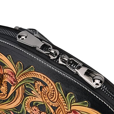 Grand Pelle Black with Multicolor Hand Engraving Flower Genuine Leather Hand Bag with Handle Drop 6.3