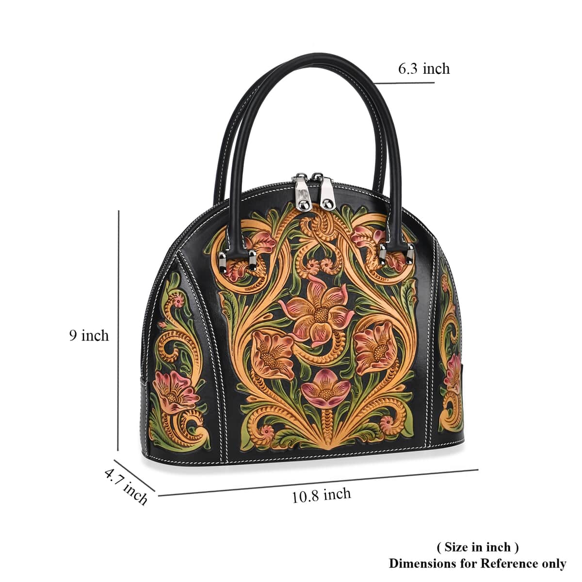 Grand Pelle Black with Multicolor Hand Engraving Flower Genuine Leather Hand Bag with Handle Drop 6.3 image number 6