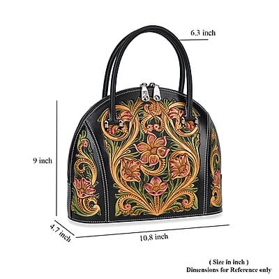 Grand Pelle Black with Multicolor Hand Engraving Flower Genuine Leather Hand Bag with Handle Drop 6.3