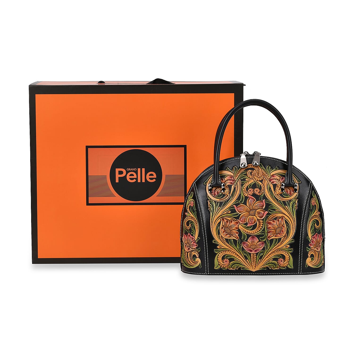 Grand Pelle Black with Multicolor Hand Engraving Flower Genuine Leather Hand Bag with Handle Drop 6.3
