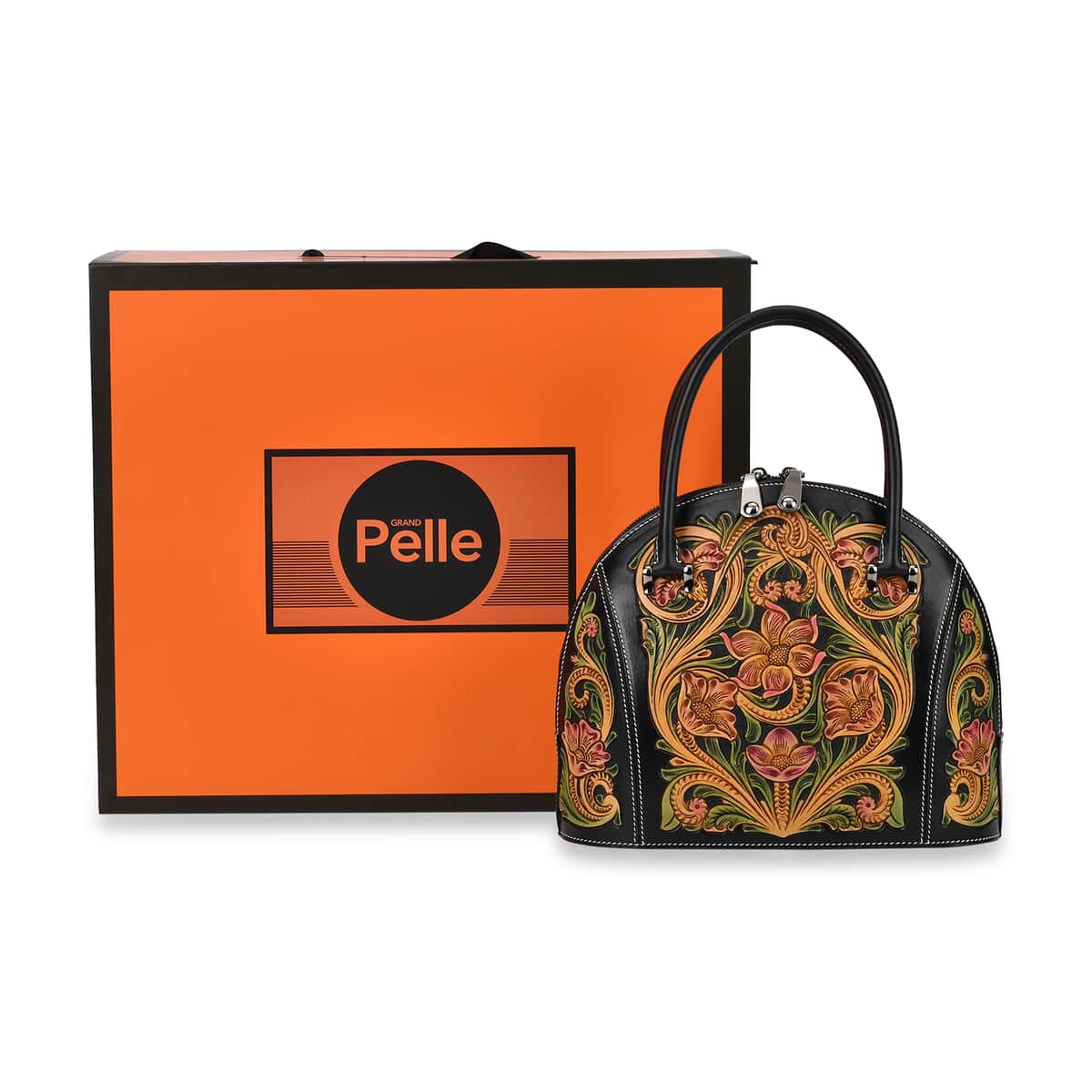 Grand Pelle Black with Multicolor Hand Engraving Flower Genuine Leather Hand Bag with Handle Drop 6.3 image number 7