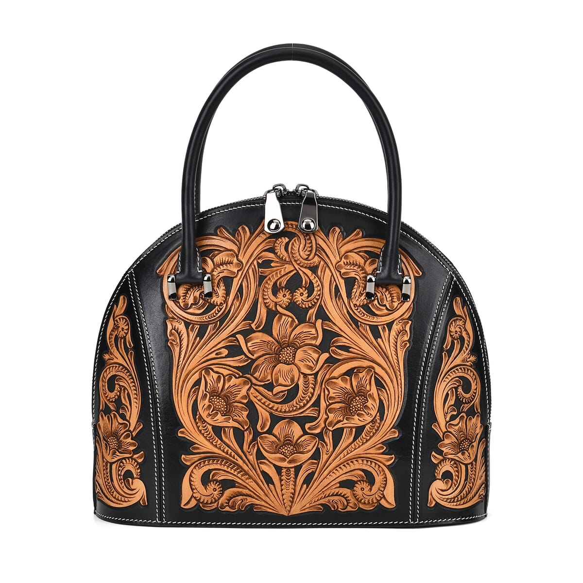 Grand Pelle Black with Solid Color Hand Engraving Flower Genuine Leather Hand Bag with Handle Drop 6.3 image number 0