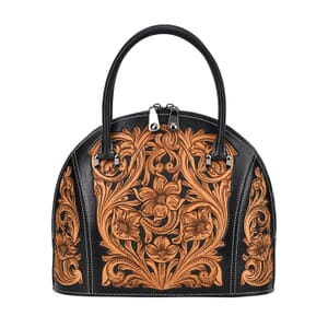 Grand Pelle Black with Solid Color Hand Engraving Flower Genuine Leather Hand Bag with Handle Drop 6.3